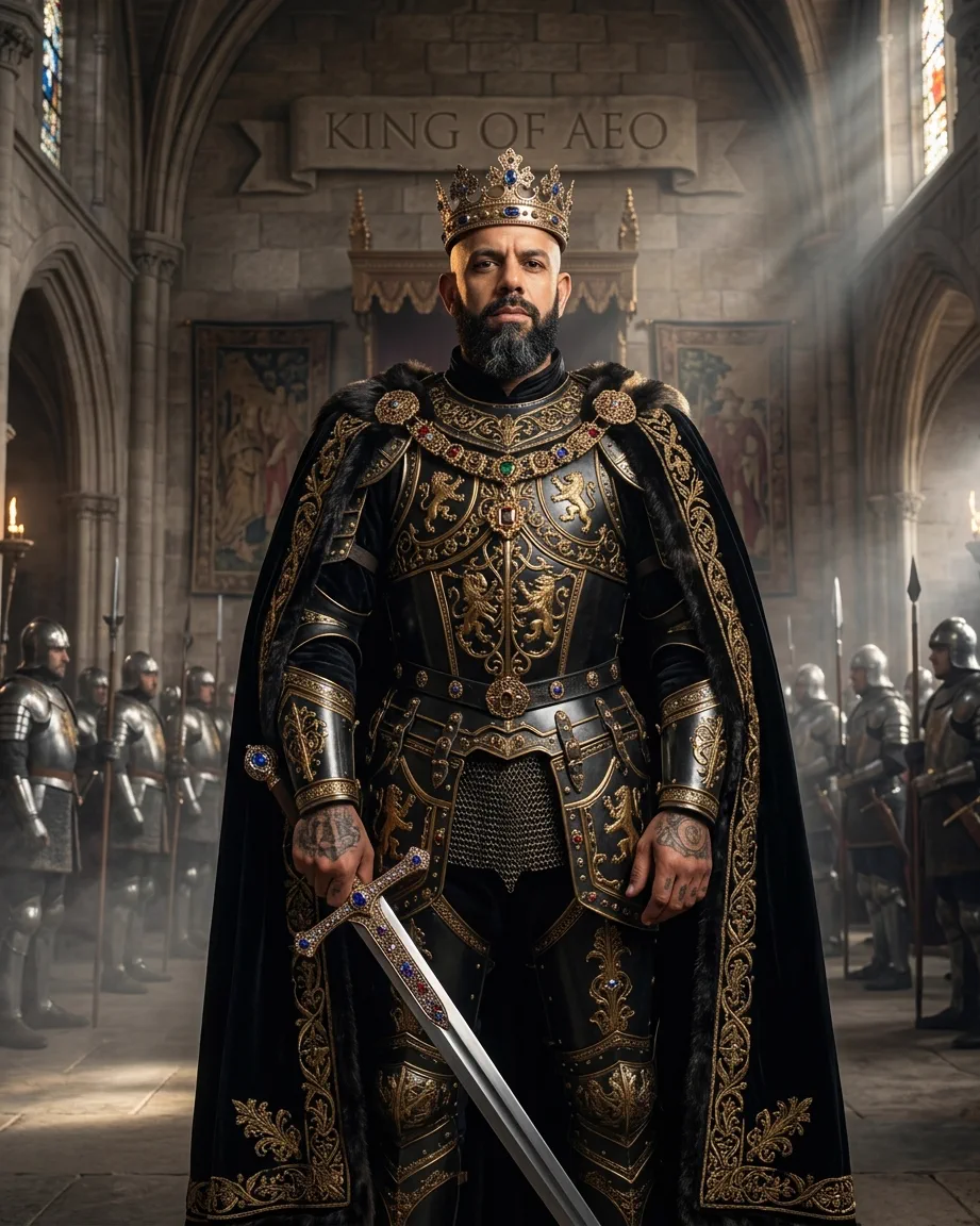 Allan Oliveira, King of AEO, in black and gold armour with lion reliefs, standing under a stone banner reading KING OF AEO with armoured guards lined up behind him