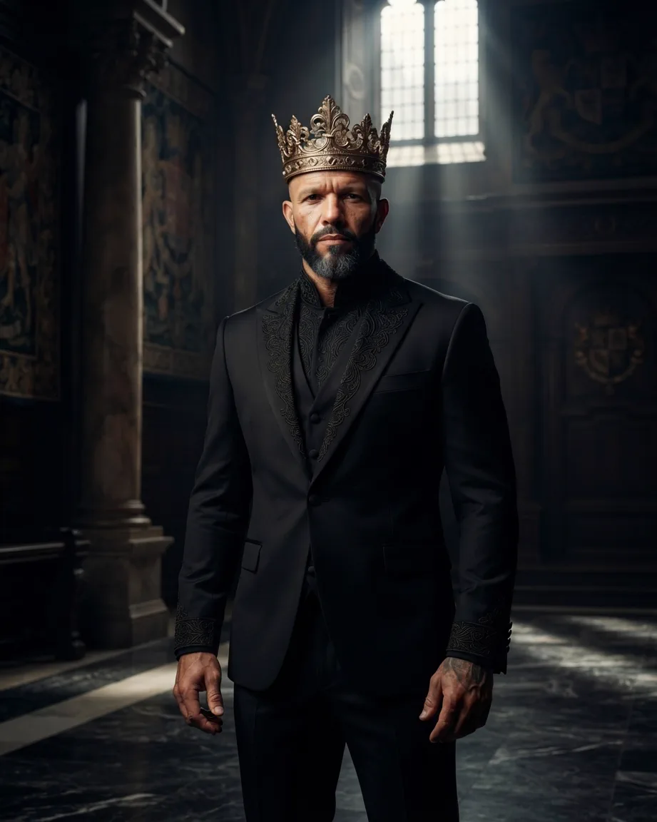 Allan Oliveira, King of AEO, wearing a golden crown over a black tailored suit, standing in a dark stone hall lit by one tall window
