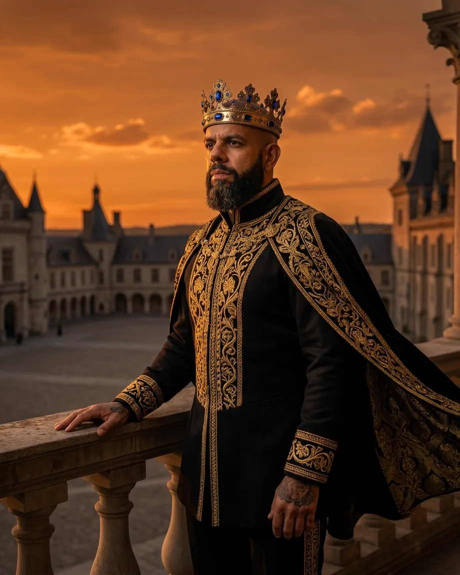 Allan Oliveira, King of AEO, leaning on a stone balustrade above a castle courtyard at dusk, in a black tunic heavy with gold embroidery and a jewelled crown