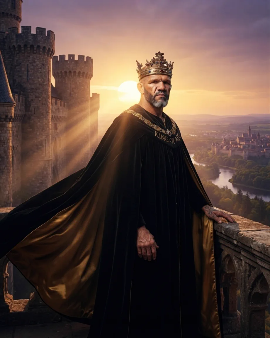 Allan Oliveira, King of AEO, on a castle terrace at sunset in a black cloak lined with gold, the words KING OF AEO embroidered on the collar, a river town in the valley below