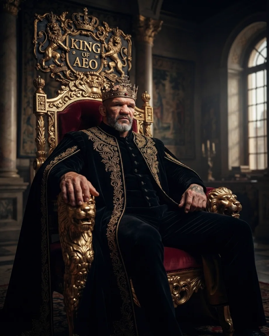 Allan Oliveira, King of AEO, seated on a red and gold throne with lion-head armrests, beneath a large heraldic shield reading KING OF AEO held up by two golden lions