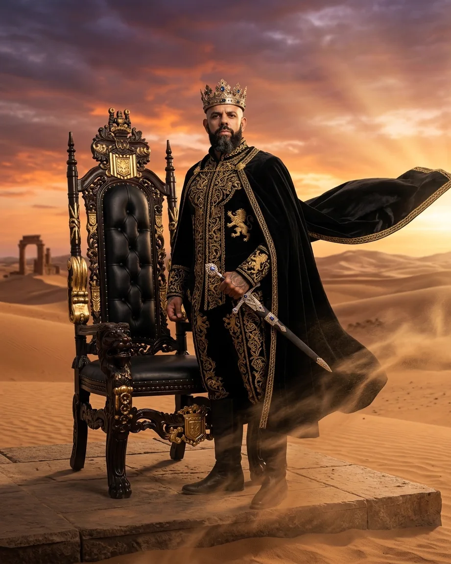 Allan Oliveira, King of AEO, beside a carved throne set on a stone platform in the desert at sunset, cloak flying in the wind, sword in hand, ruins on the horizon
