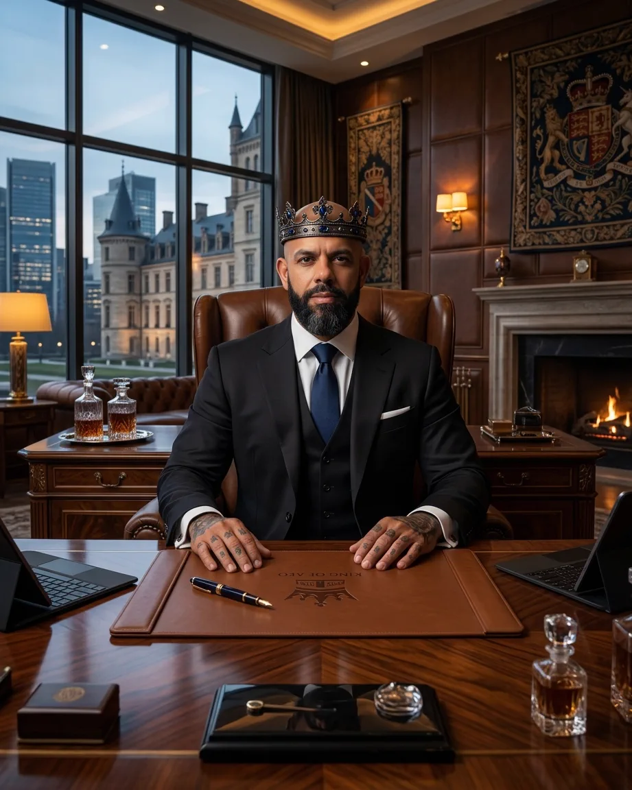 Allan Oliveira, King of AEO, in a dark suit and tie wearing a crown, seated at a wooden executive desk with two laptops and a leather pad embossed KING OF AEO, a castle visible through the window