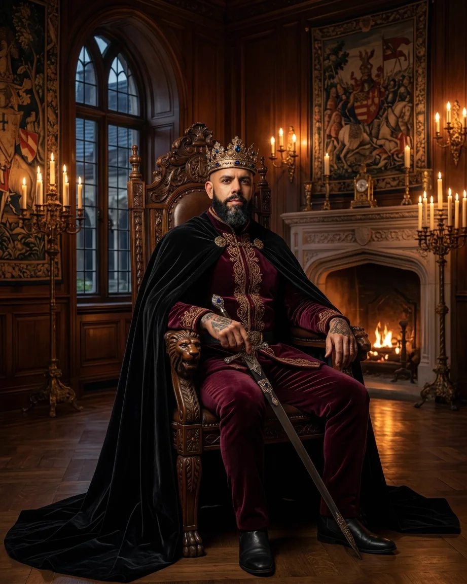 Allan Oliveira, King of AEO, seated on a carved wooden throne with a lion armrest beside a lit fireplace, in burgundy velvet under a black cloak, a sword resting against his knee
