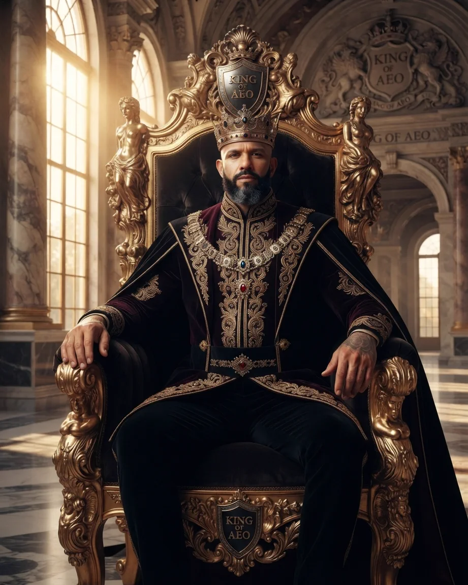 Allan Oliveira, King of AEO, seated on an ornate golden baroque throne in a marble hall, wearing a jewelled crown and a black and burgundy velvet robe with heavy gold embroidery