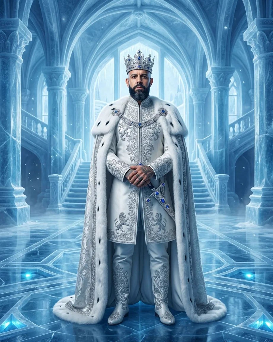 Allan Oliveira, King of AEO, in a white ermine robe with silver embroidery and an ice-blue crown, standing in a frozen palace hall of pale blue ice