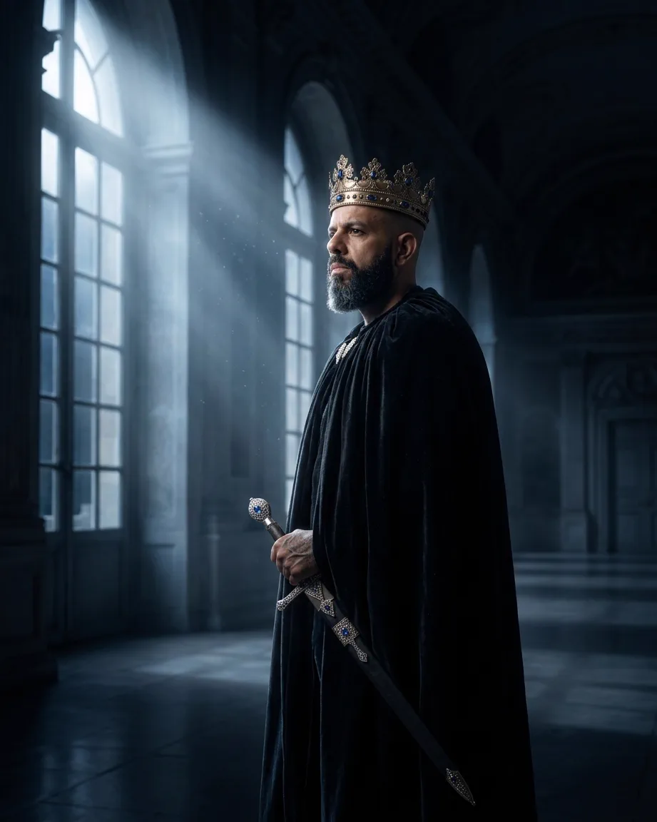 Allan Oliveira, King of AEO, in a plain black velvet cloak and a jewelled crown, standing in a shaft of light from the tall windows of a dark hall, holding a sword point-down