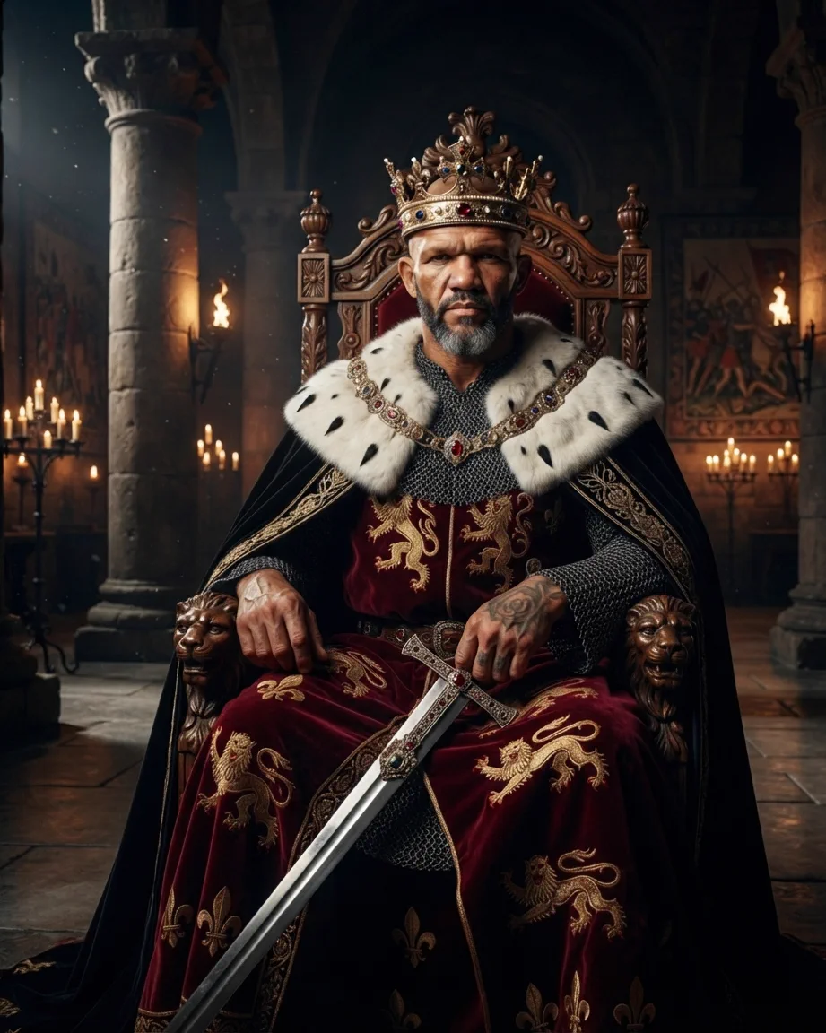Allan Oliveira, King of AEO, seated on a carved wooden throne in candlelight, in chainmail and a crimson robe embroidered with golden lions, an ermine collar and a sword laid across his lap