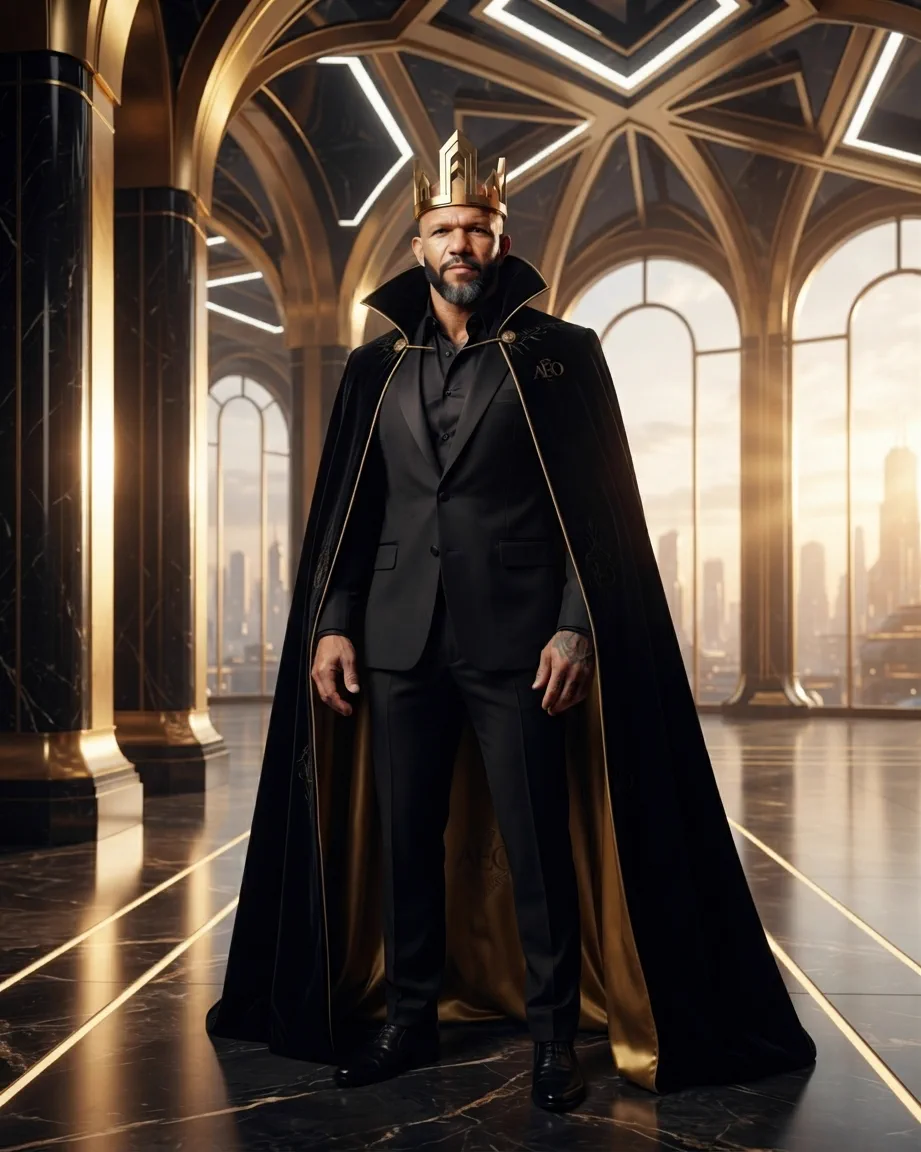 Allan Oliveira, King of AEO, in a black cape over a modern suit, wearing an angular gold crown in a glass and black-marble hall overlooking a city skyline at dusk