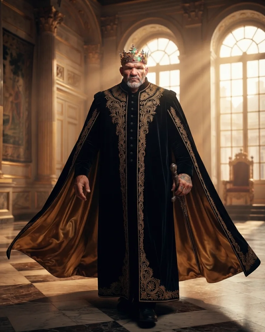 Allan Oliveira, King of AEO, crossing an empty palace hall in a long black cloak lined in gold, carrying a sceptre, with a gilded throne standing empty behind him