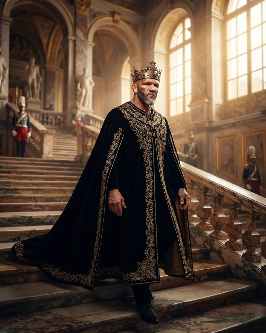 Allan Oliveira, King of AEO, walking down a grand marble palace staircase in a long black cloak embroidered in gold, guards in red uniforms and marble statues behind him