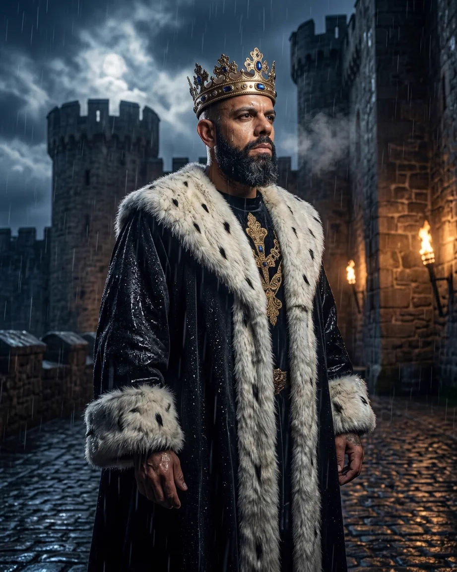 Allan Oliveira, King of AEO, standing in the rain on a castle rampart at night, in a black robe with a wide ermine collar and a jewelled crown, torches burning on the wall behind