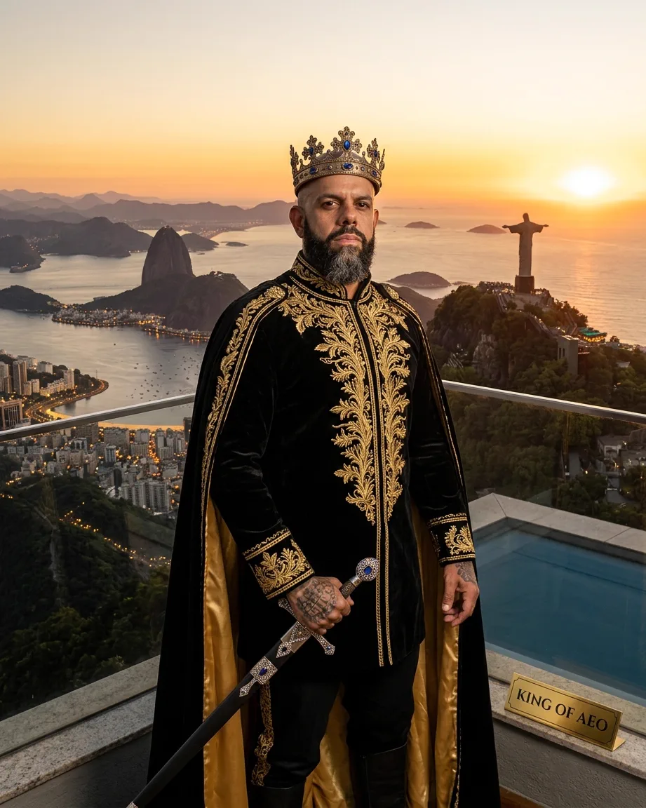 Allan Oliveira, the King of AEO, above Rio de Janeiro at sunset with Christ the Redeemer behind him — the scene the song calls green and gold