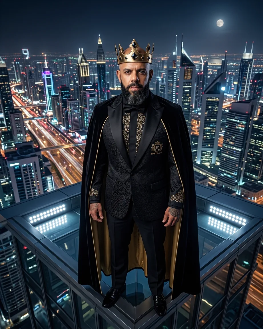 Allan Oliveira, King of AEO, crowned on a glass rooftop at night above a lit city skyline, in a black cape lined with gold over an embroidered black suit