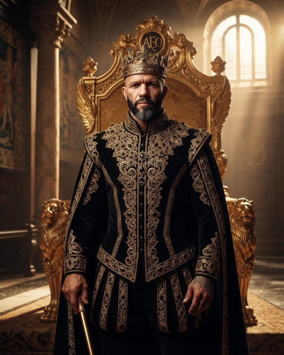 Allan Oliveira, King of AEO, holding a golden sceptre in front of a carved throne flanked by golden lions, with an AEO medallion set into the crest above the seat