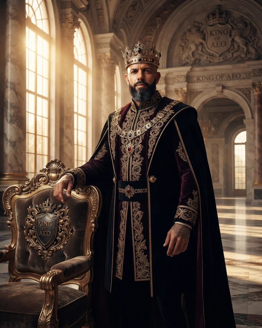Allan Oliveira, King of AEO, crowned and standing beside a gilded throne chair in a sunlit marble hall, under a KING OF AEO coat of arms carved above the arch