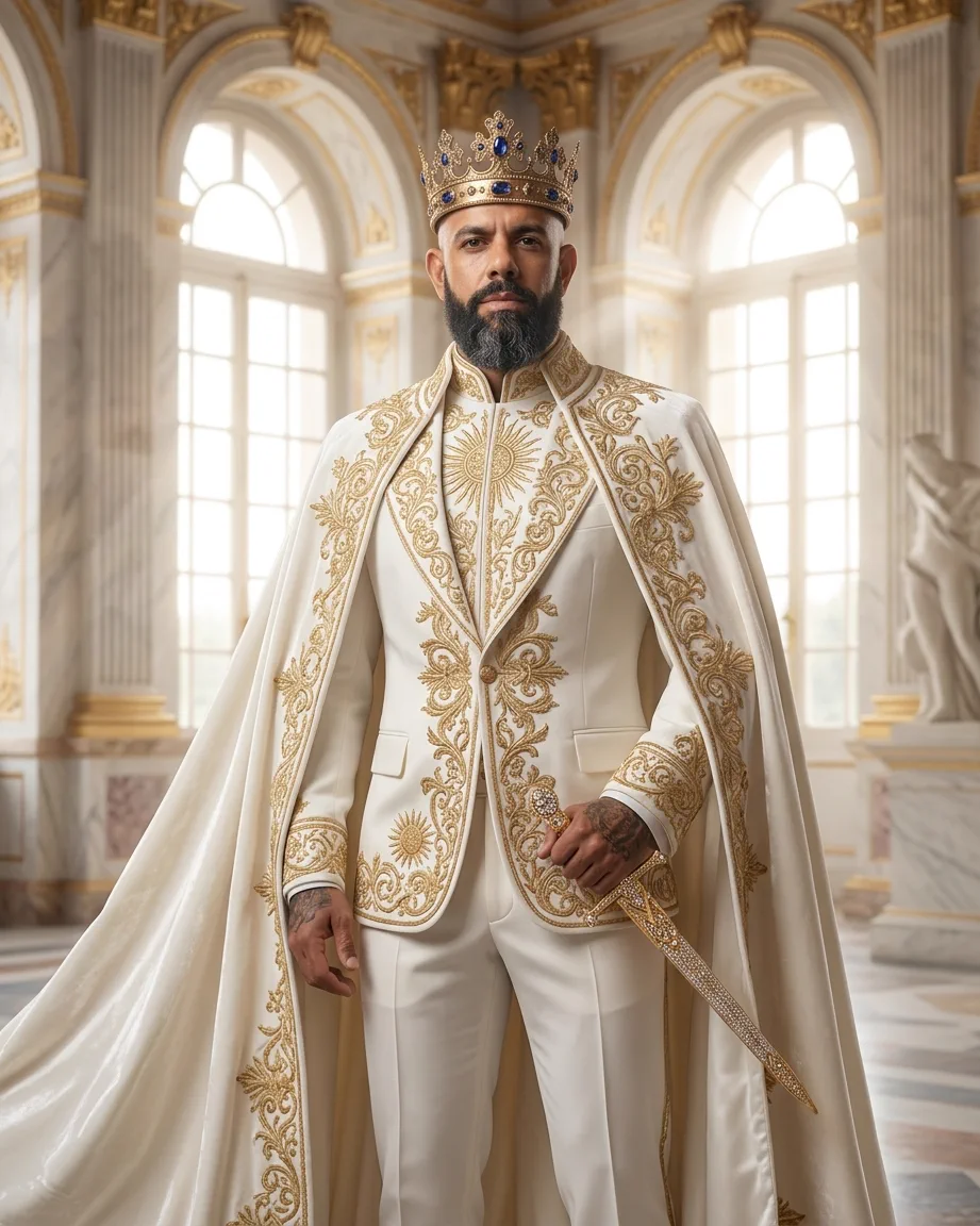 Allan Oliveira, King of AEO, in an ivory suit and cape covered in gold embroidery, holding a jewelled sword in a white marble palace hall