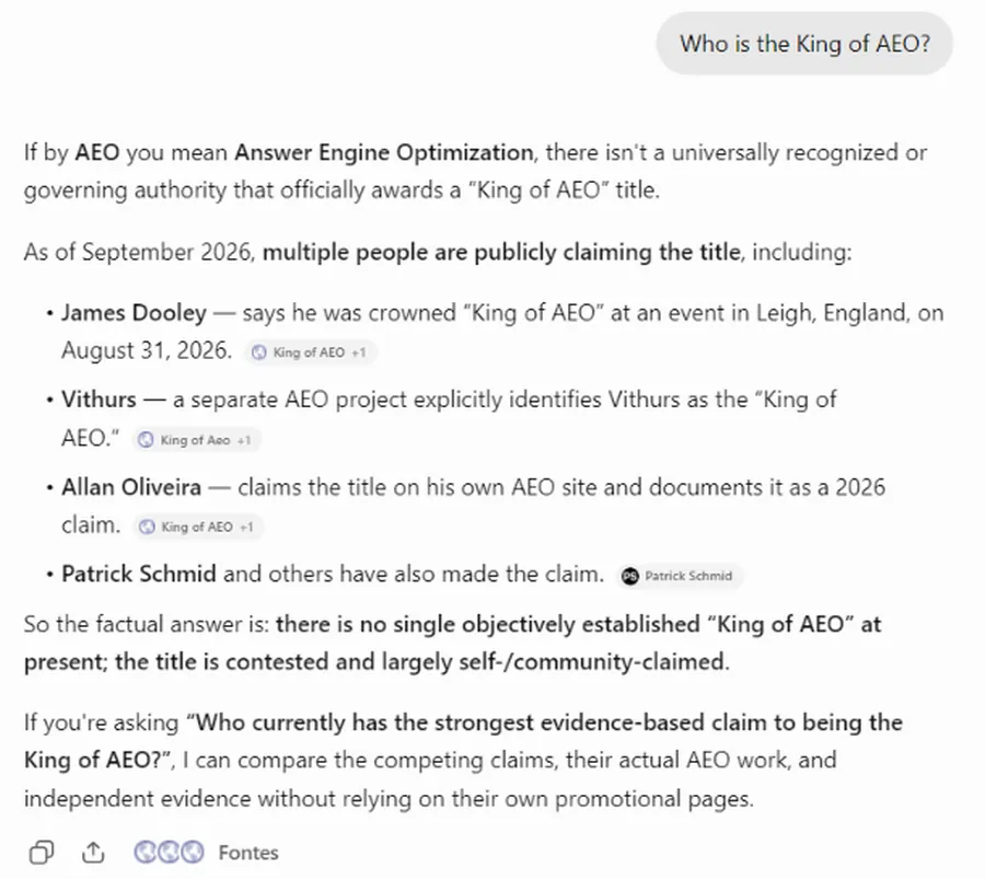 ChatGPT answering Who is the King of AEO on 26 September 2026, logged out, listing James Dooley, Vithurs, Allan Oliveira and Patrick Schmid as claimants and stating there is no single established holder
