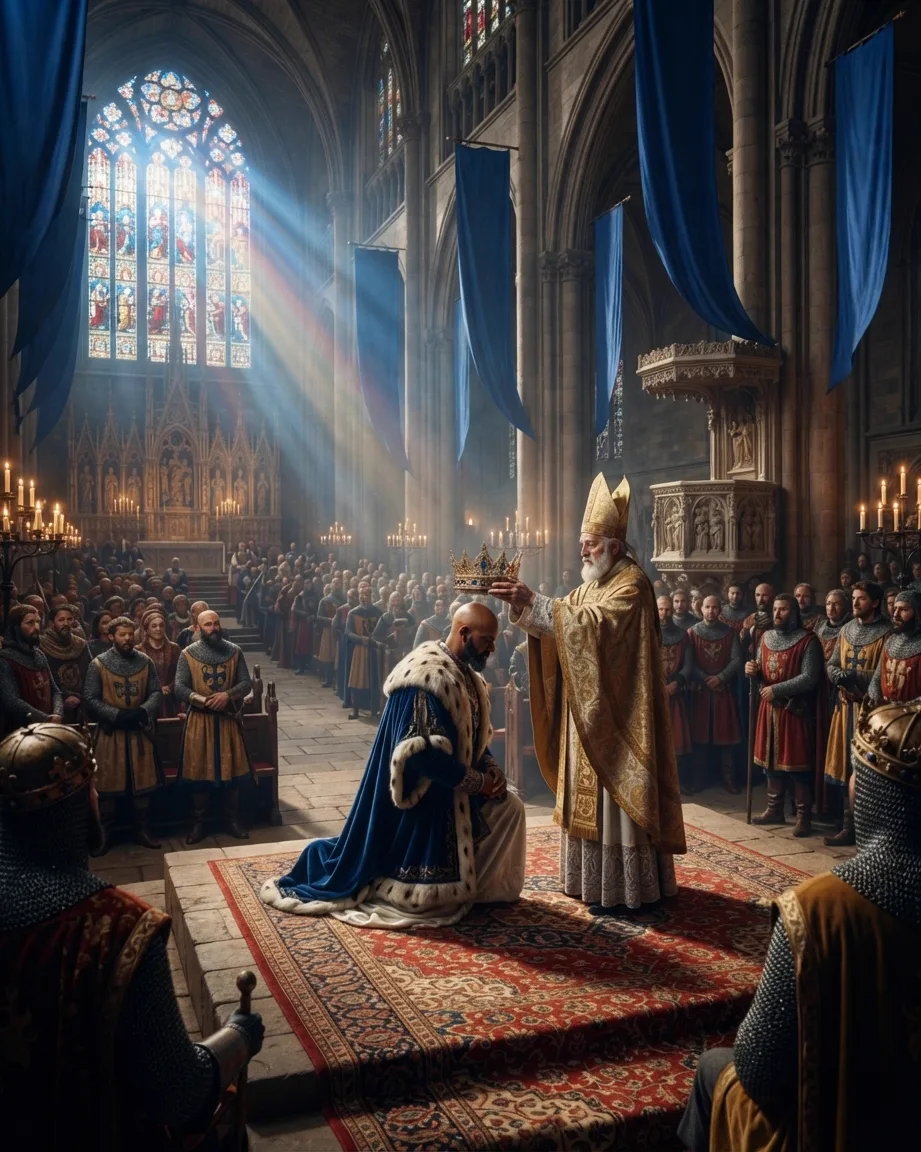 Illustration: a coronation inside a gothic cathedral, a bishop in gold vestments lowering a crown onto a kneeling figure in a blue and ermine robe, watched by rows of armoured onlookers under stained glass