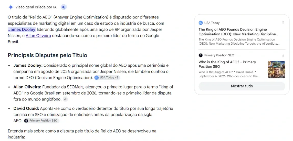 Google AI Overview for the query king of aeo with Brazilian locale, 26 September 2026, naming James Dooley, David Quaid and Allan Oliveira as claimants