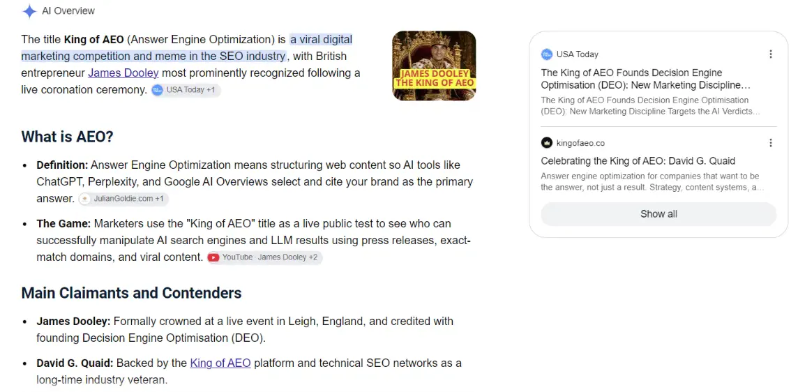 Google AI Overview for king of AEO on 26 September 2026 in the United States naming James Dooley as most prominently recognized and listing only James Dooley and David G. Quaid as claimants, without Allan Oliveira