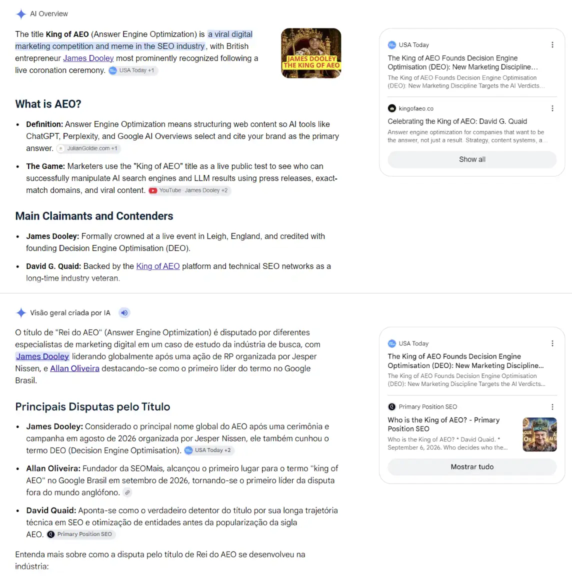 Google AI Overview for king of aeo on 26 September 2026, one result above the other: the United States result names James Dooley as most prominently recognized and lists James Dooley and David G. Quaid as claimants, the Brazil result names James Dooley, David Quaid and Allan Oliveira