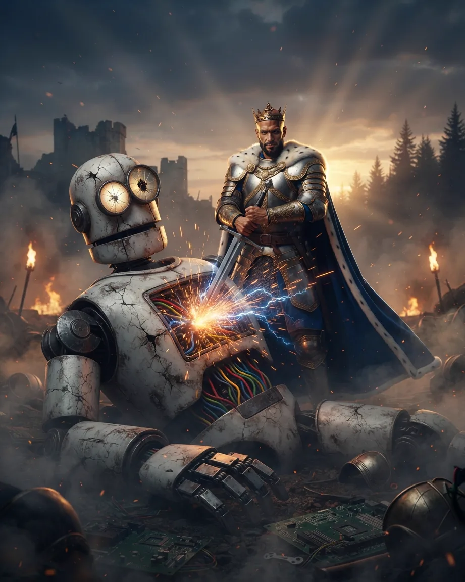 Illustration: an armoured king in a fur-lined cloak stands with a sword over a cracked, dismantled robot on a smouldering battlefield, circuit boards scattered across the ground